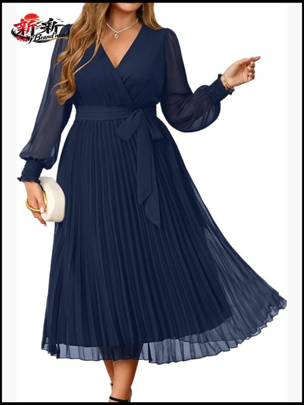 Plus Size Wrap V-Neck Pleated Chiffon Midi Dress - Elegant Formal Wedding Guest